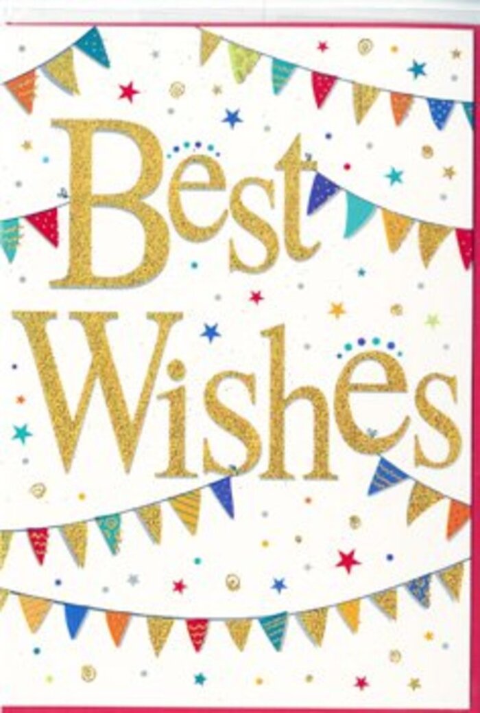 The congratulations card depicted here feels like a paper echo of a happy gathering in St Albans, full of colour yet gracefully composed. At its centre, the phrase Best Wishes is scripted in radiant gold, the letters curling and looping with a calligrapher's confidence. The metallic finish gleams softly against the pristine white card, catching light the way evening sun glints off the historic stone of the Abbey. The text is subtly embossed, giving it a raised, almost velvety texture that adds to its sense of occasion. Above and below, strings of bunting sweep across the card in loose, playful arcs, framing the message like garlands hung between trees at a family picnic in Clarence Park. Each minute flag is a burst of colour-shadows of blue, red, green, and yellow, alongside softer accent tones-decorated with petite patterns such as stripes, speckles, and tiny mosaic-style shapes. These small variations make each pennant feel unique, as if sewn from different scraps of cheerful fabric. Between the bunting runs a soft scatter of golden stars and confetti dots, floating freely across the white space. Their arrangement suggests gentle motion, as though a light breeze has caught them, or they've just been tossed skyward in celebration. The crisp white background keeps the overall design bright and spacious, allowing the metallic elements and colours to stand out with clarity, while preserving a refined, uncluttered look. This card would sit beautifully beside a hand-tied bouquet delivered anywhere in St Albans, from the bustling city centre to quieter residential streets. Its mood is one of heartfelt encouragement and shared happiness-a perfect way to say congratulations, good luck, or simply I'm so proud of you with both style and warmth.