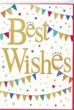 This Best Wishes card radiates the same easy, joyful charm you might feel strolling through St Albans on a sunny celebration day. The heart of the design is its message, written in sweeping golden script that glows warmly against a crisp white background. The lettering looks slightly raised and delicately glittered, inviting you to imagine the silky-smooth, luxurious texture under your fingers. Gently curving above and below the greeting are strings of bunting, arranged in soft arcs that cradle the words. Each delicate pennant is painted in a vivid, happy colour-brilliant blues, cherry reds, fresh greens, and bright yellows-balanced with more subtle hues. Close inspection reveals miniature patterns on each flag, from dainty dots to narrow stripes and tiny geometric shapes, evoking hand-made bunting hung across a garden in Fleetville or around a family table near Verulamium Lake. Sprinkled around these bunting lines are specks of stars and circular confetti dots, scattered with an informal, almost dancing rhythm that suggests laughter and applause caught mid-moment. The pure whiteness of the card allows these lively details to shine, giving the design a clean, contemporary feel while keeping it undeniably festive. Everything about the card's composition-its warm gold, its bright colours, its light-filled negative space-communicates celebration and encouragement. It's exactly the kind of congratulations card a local florist might nestle into a bouquet heading to mark graduation, a promotion, or a new adventure somewhere in St Albans. Visually, it offers not just a message, but a little rush of hope and happiness, like a friendly cheer captured in paper form.